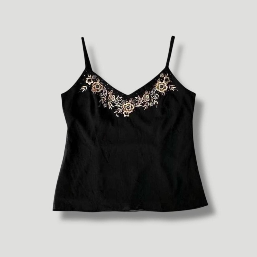 R&M Richards Vintage Y2K Beaded Embroidered Black Chiffon Cami Fairy Tank Top 10